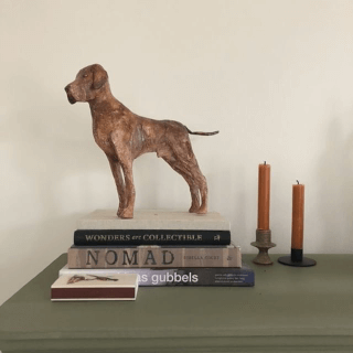 papiermache hond Guus staat te prijken op een stapel boeken.