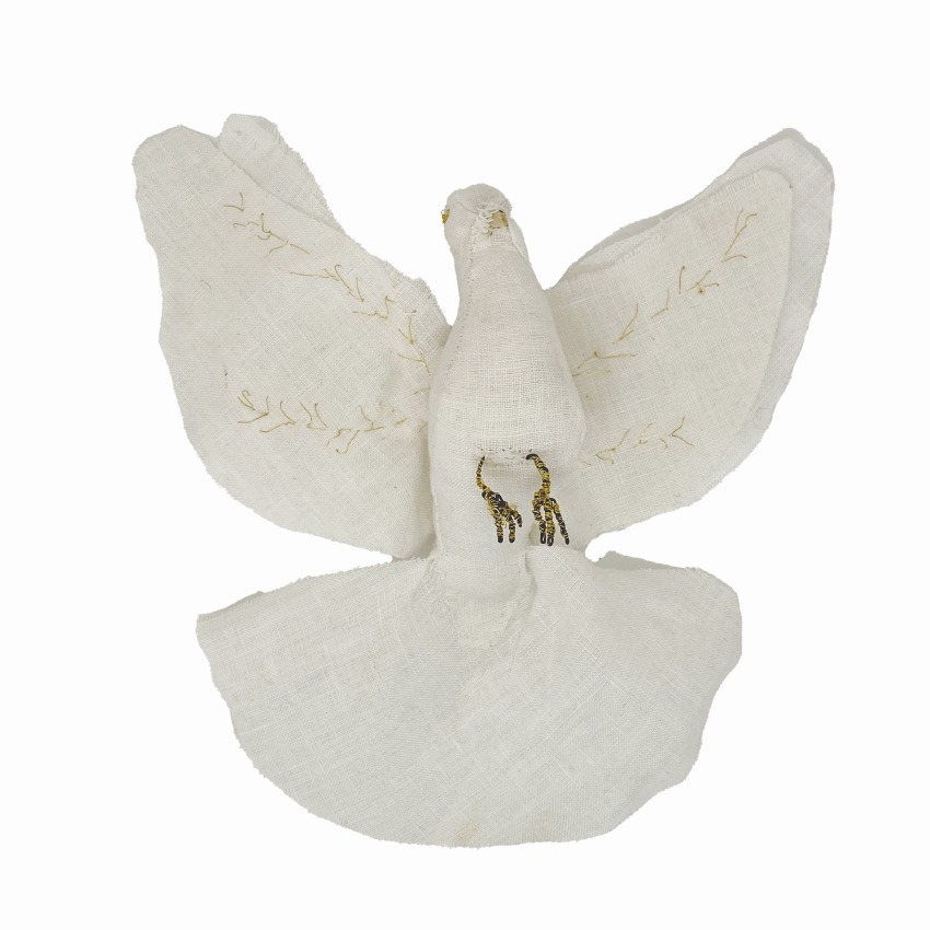 duif linnen wit met gouddraad en houten bek